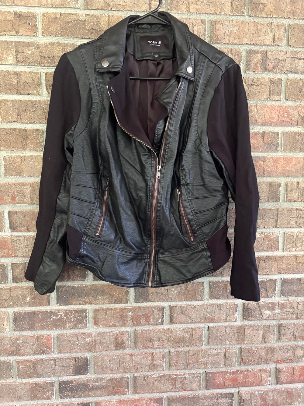 torrid Black Faux Leather Moto Jacket with Dark Fabric Sleeves